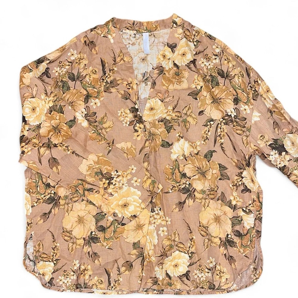 MNG Linen Blouse Women’s Sz 6 Floral Button Up Fall Nude Floral Oversized Sz 6